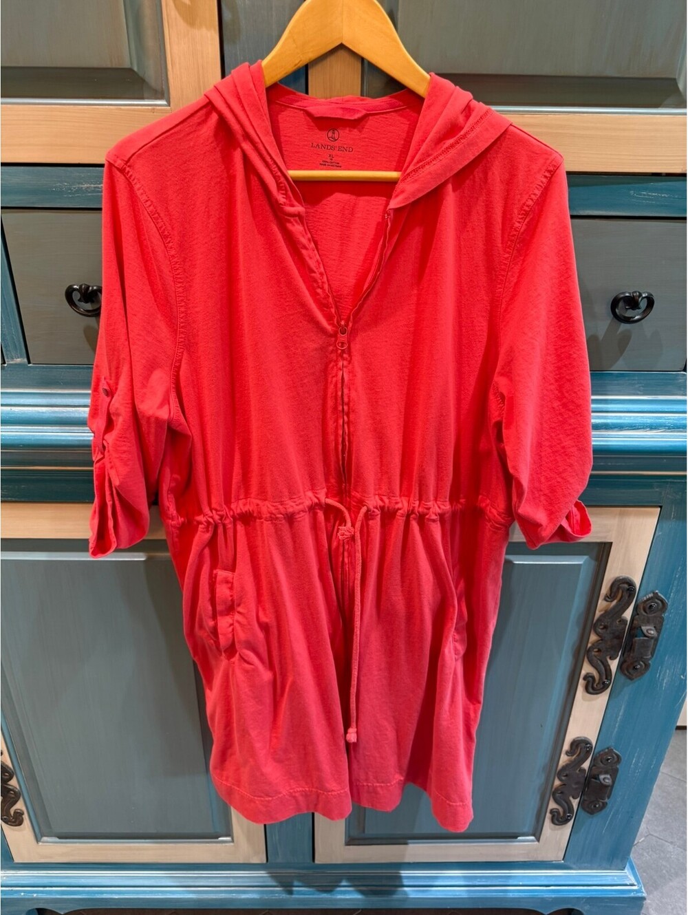 Lands' End Red Cotton Hooded Tunic with Drawstring Waist XL